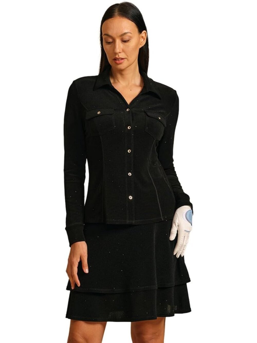 Sparkly Women's Golf Shirt - Elegant Athletic Top with Pockets for Activewear